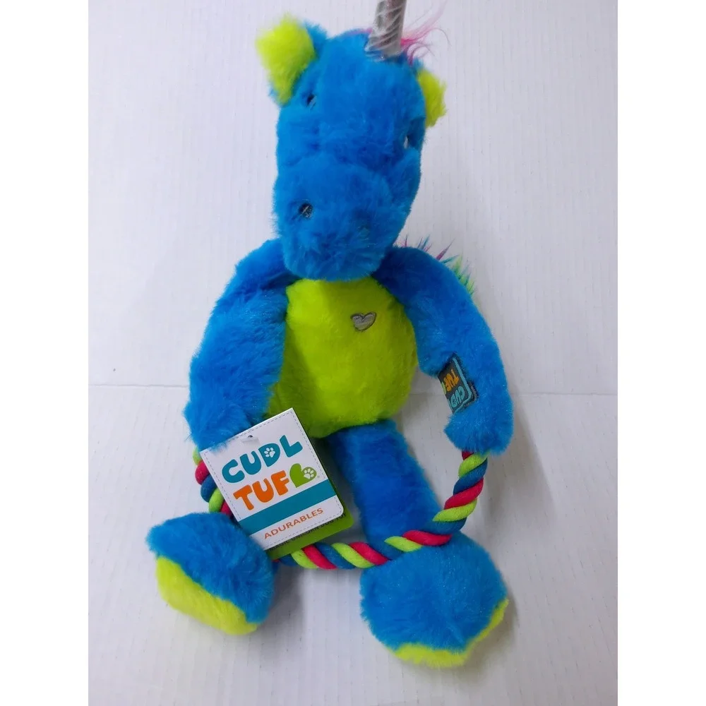 Cudl Tuff Adurables Magic Unicorn Dog Toy Blue Lime Green Plush Rope Ring #26470
